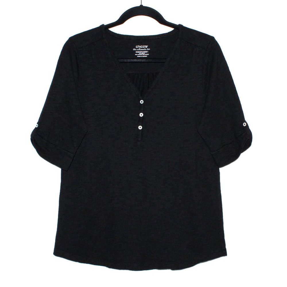 Chico's The Ultimate Tee Cuffed Sleeve V-Neck Shirt